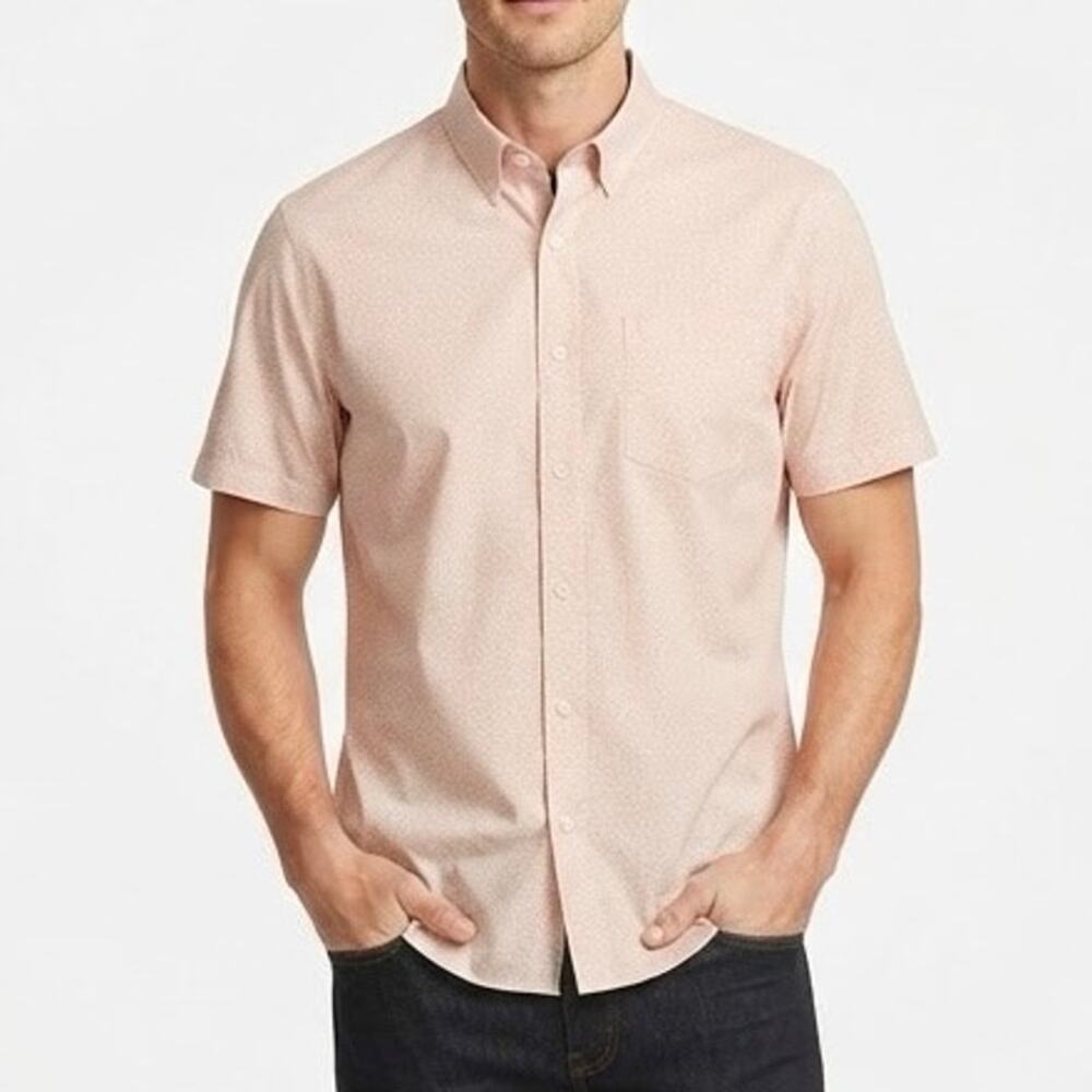 Johnston & Murphy Performance Short Sleeve Button Up Shirt Peach White Size XL